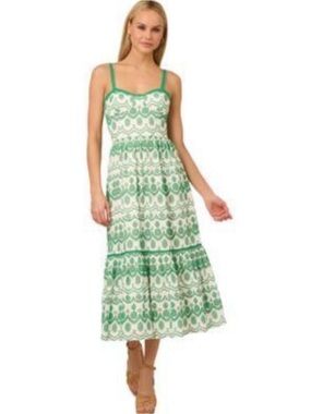 Adrianna Papell Green & White Tiered Midi Dress fully lined, & matching earrings